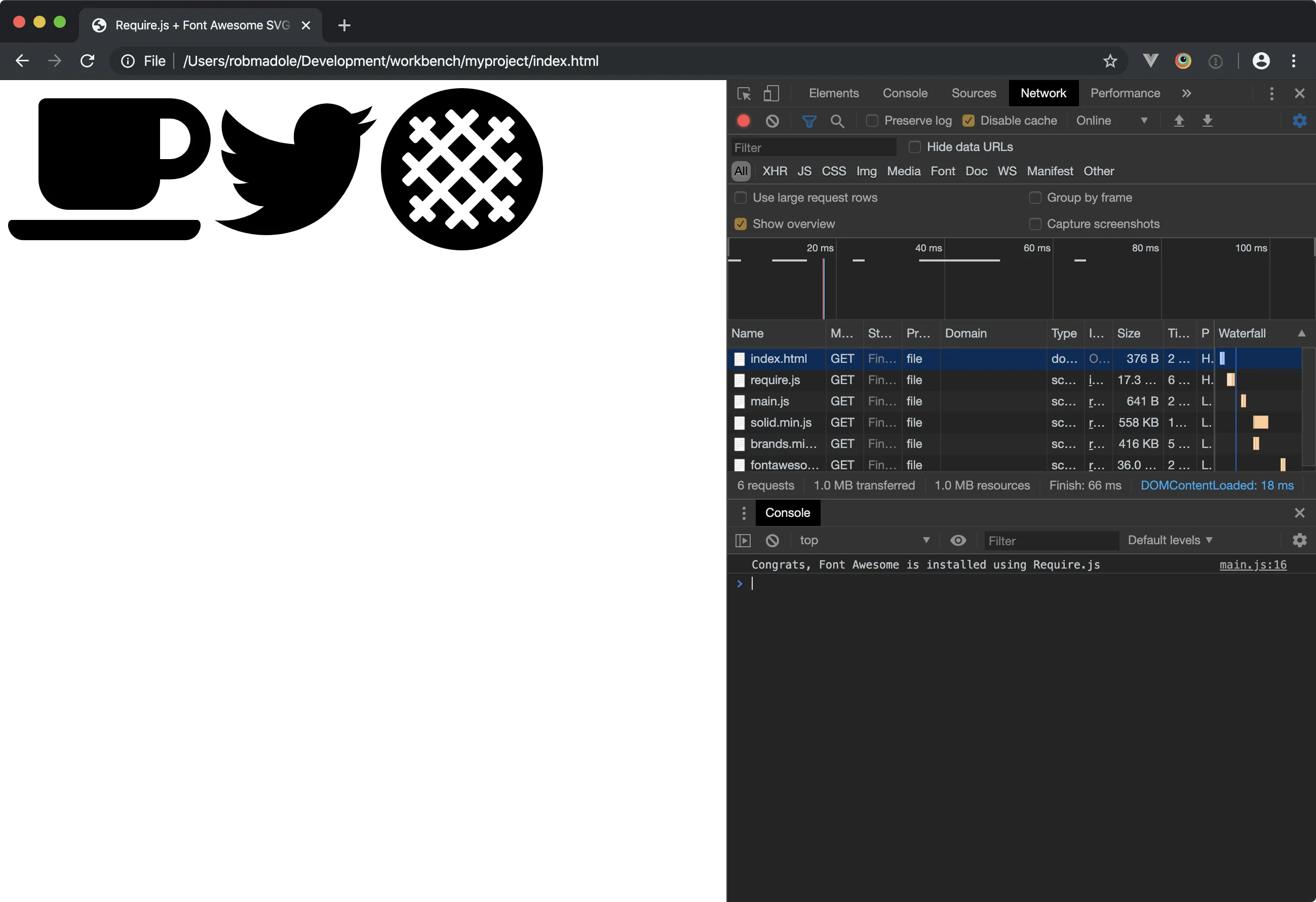 A Screenshot of the browser console with an icon loaded using the API