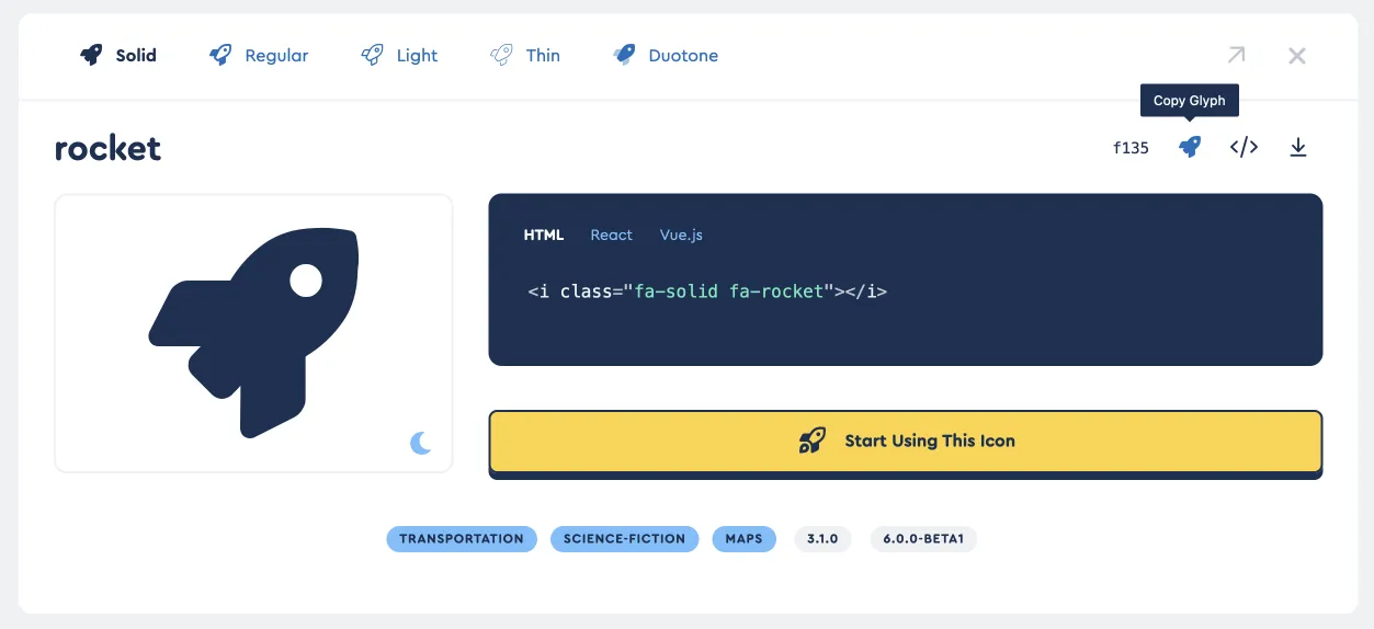Select the copy glyph button on any icon's details