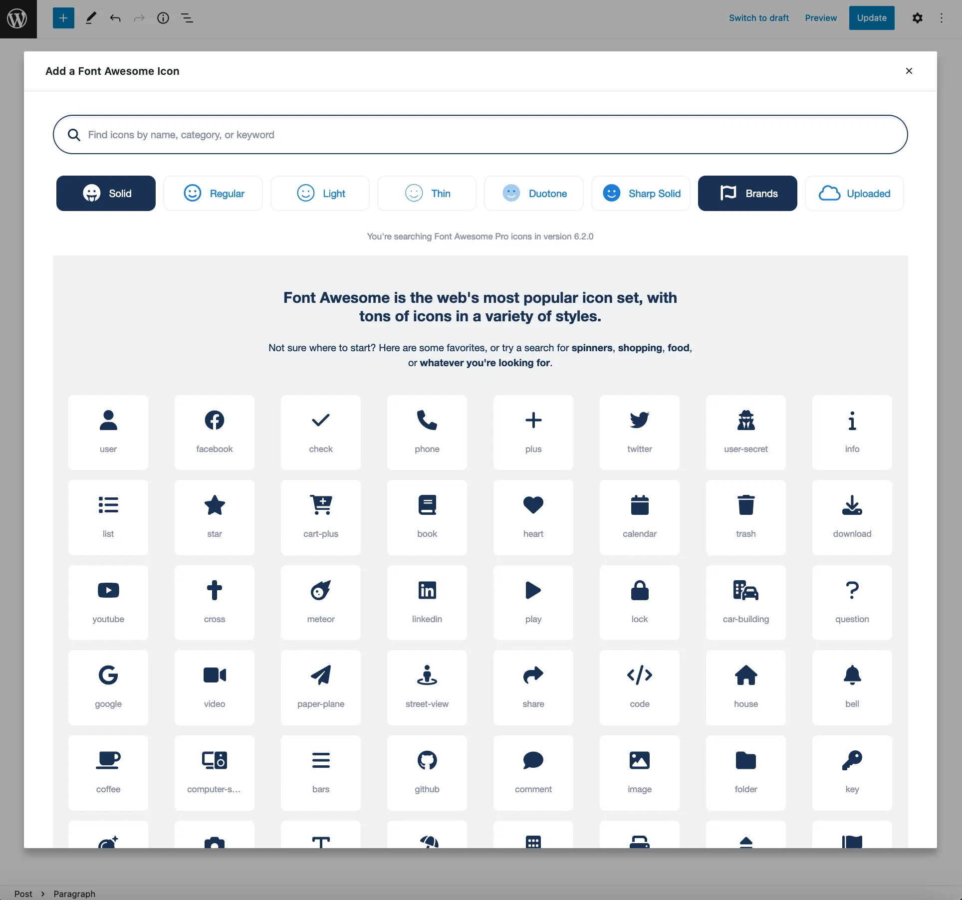 The icon chooser ready to search all Pro/Pro+ icons, across families and styles, as well as uploaded icons