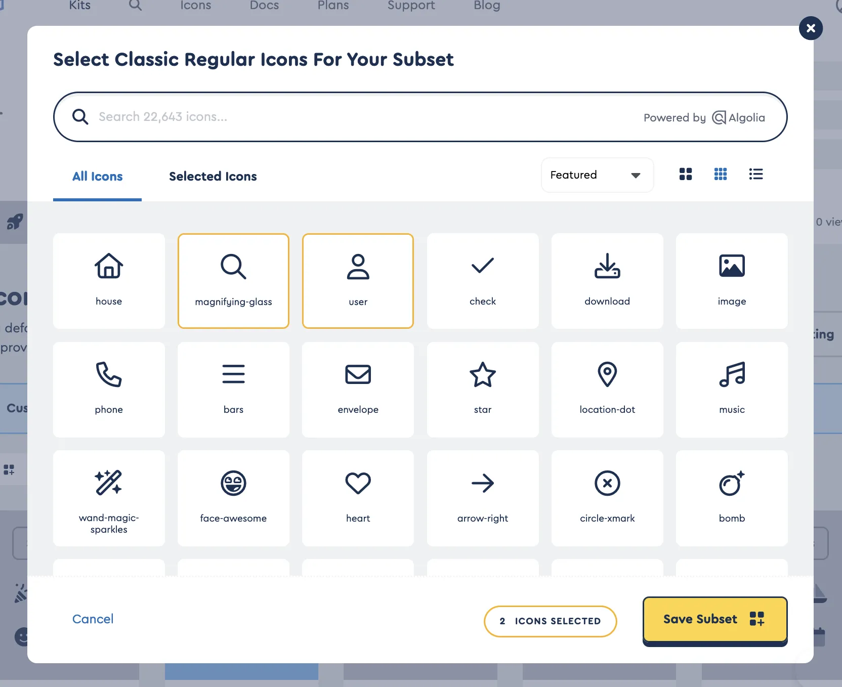 Searching and selecting icons from the Classic Regular style for your subset