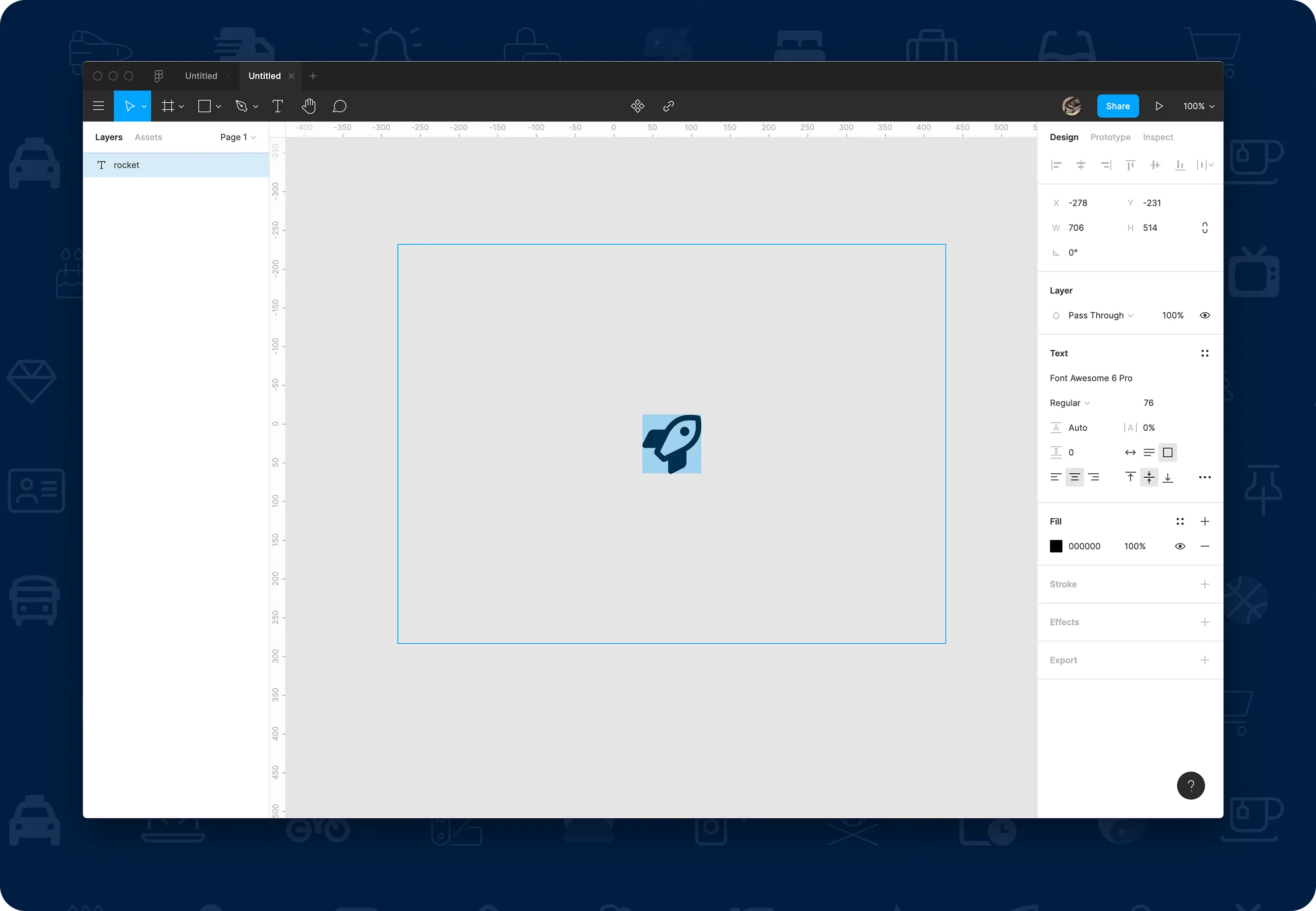 rocket's glyph pasted into the text layer renders the icon